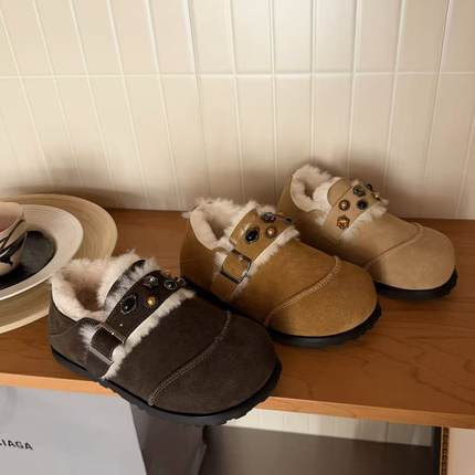 H55女鞋捕梦网2025冬季新款保暖民族风宝石一脚蹬时尚百搭勃肯鞋