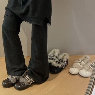 莎黛尔2025冬季 饰浅口平底韩版 新款 扣带装 玛丽珍 毛毛鞋 H55女鞋