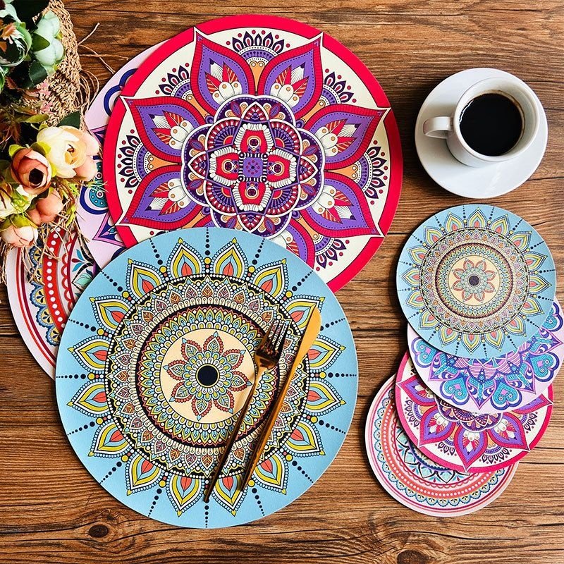 民族风皮革餐垫波西米亚风印花隔热垫防水油圆形杯垫复古装饰桌垫,居家布艺,餐垫,淘宝优惠券,粉丝福利购,淘宝优惠卷