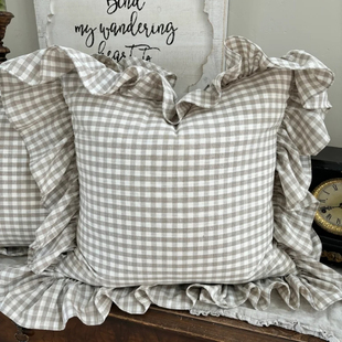 法式独创磨毛抱枕灰白格子加厚沙发靠垫套芯组合荷叶花边复古靠枕