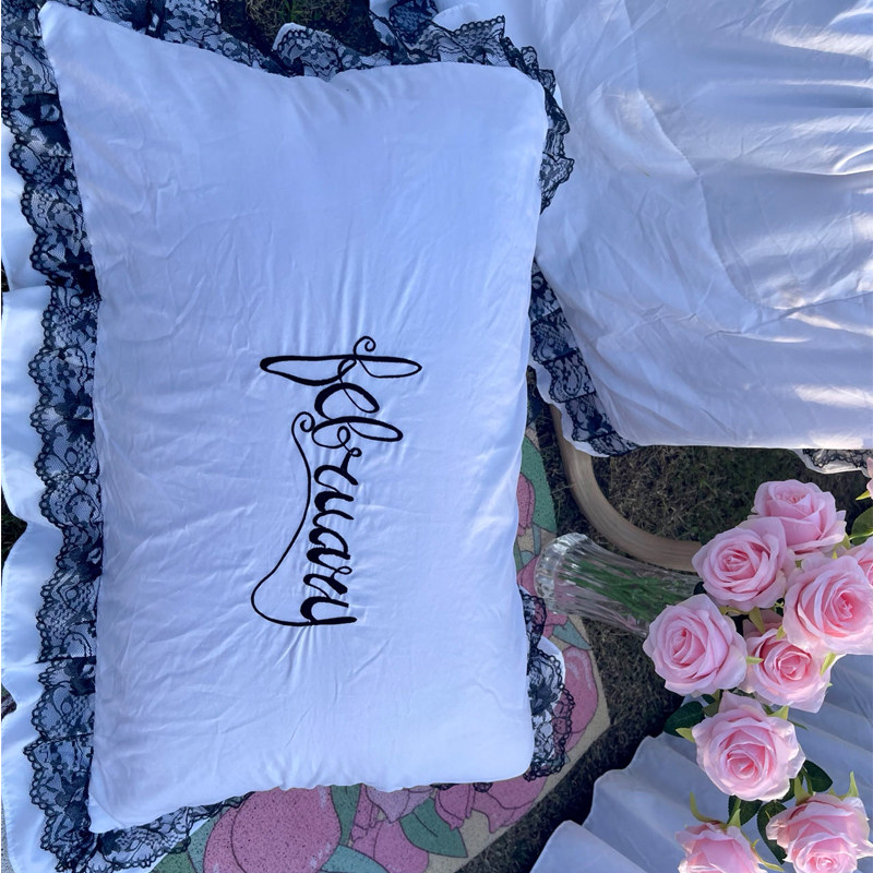 韩式荷叶花边枕芯套一对装水洗棉绣花蕾丝边枕头罩48*74单人宿舍