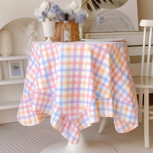 餐桌布格子彩虹布艺茶几圆桌布抱枕芯腰枕套四件套床头柜长桌客厅