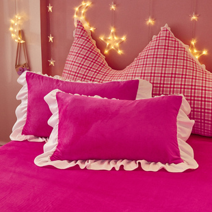 韩式荷叶花边少女心玫红双面加绒牛奶绒水晶绒枕套一对装单人枕套