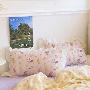 萌宠礼物原创插画小碎花荷叶边水洗棉枕套抱枕腰靠枕芯头皮少女心