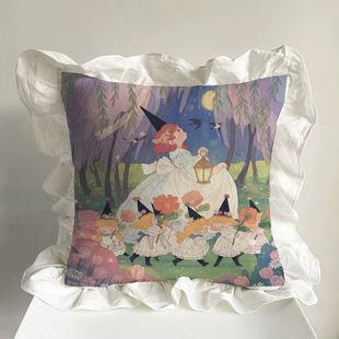 小女巫独创抱枕水洗棉荷叶花边插画沙发靠垫腰枕含芯春日汽车装饰