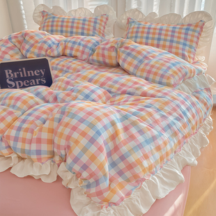 韩式彩虹格子床品三四件套被套床单枕套抱腰枕芯餐桌布水洗棉花边