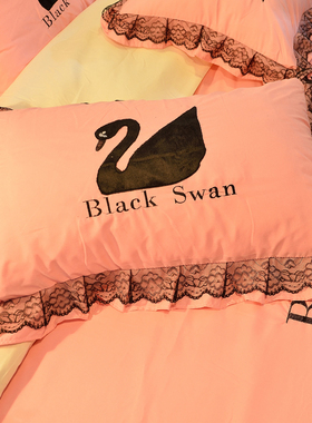 ins黑天鹅黑色蕾丝花边枕套性感绣花公主风全棉纯棉枕芯套一对装