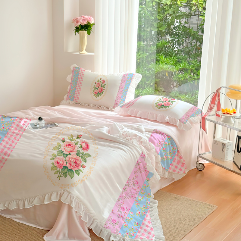 清新甜美风玫瑰花簇冰丝床品三四