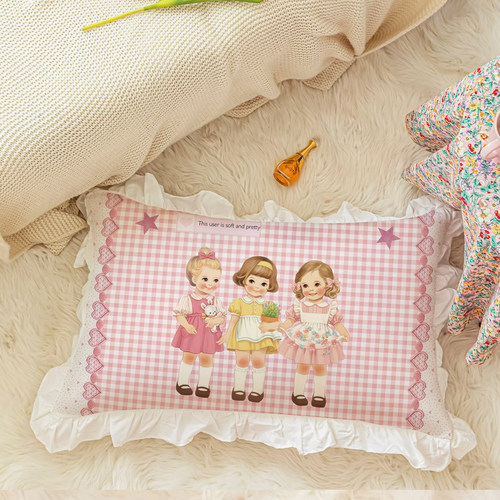 原创甜美粉色格纹荷叶边水洗棉枕套可爱一只对装枕芯枕头套枕皮