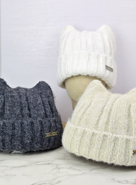 猫耳朵帽秋冬季毛线帽加大码头围可爱保暖帽防寒帽护耳针织帽子女