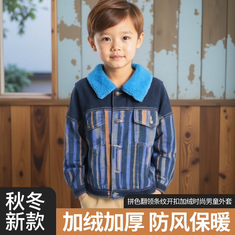 古力家秋冬新款牛仔外套拼色翻领条纹开扣加绒时尚男童装120-160