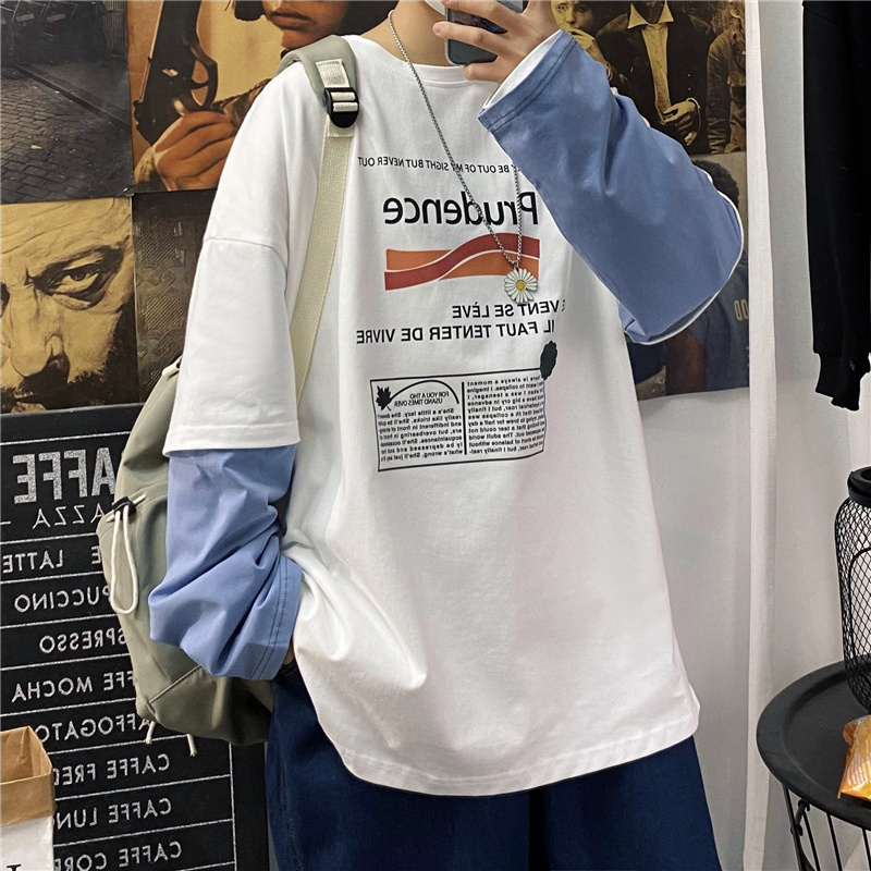 海報敏棉新款印花長袖恤假兩件上衣