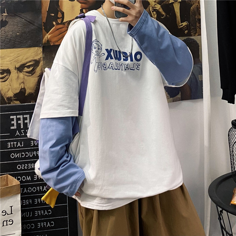 Poster min 100% cotton new printing long sleeve T-shirt fake two-piece top