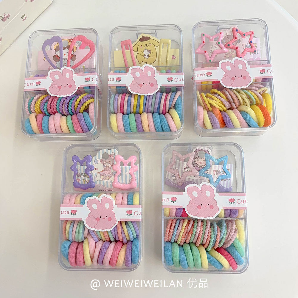 儿童盒装手指圈发圈夹子套盒糖果色宝宝发夹日常扎头发皮筋发饰女