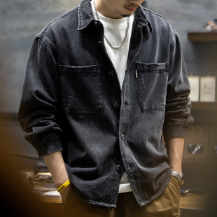 美式 工装 复古水洗潮牌牛仔衬衫 衬衣男士 外套潮 男宽松休闲长袖 春季
