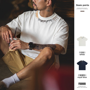 复古宽松抗菌透气圆领上衣 美式 240g竹节棉撞色刺绣短袖 男2026夏季