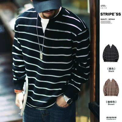 美式复古假两件条纹卫衣男2025秋季新款宽松圆领上衣春秋打底衫潮