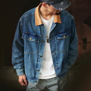 宽松工装 新款 休闲外套 复古撞色灯芯绒翻领牛仔夹克男2025秋季 美式