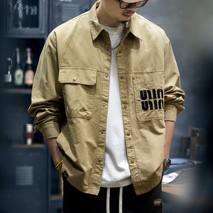 上衣男士 卡其色潮牌纯棉工装 复古长袖 男宽松美式 休闲衬衣外套 衬衫