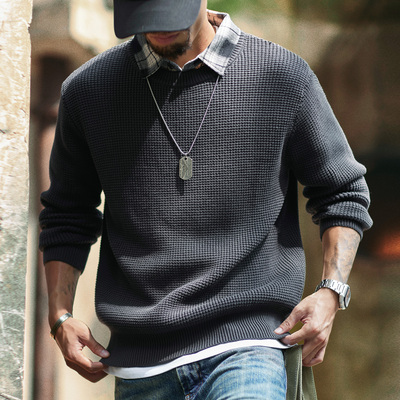 美式复古假两件衬衫领毛衣