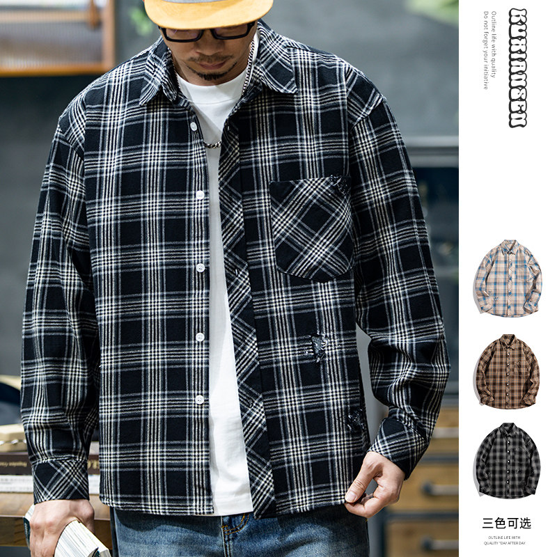 春季破洞纯棉长袖衬衫