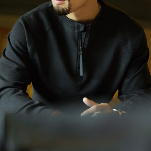 复古黑色半拉链长袖 打底衫 t恤男2025秋季 插肩袖 内搭上衣 新款 美式