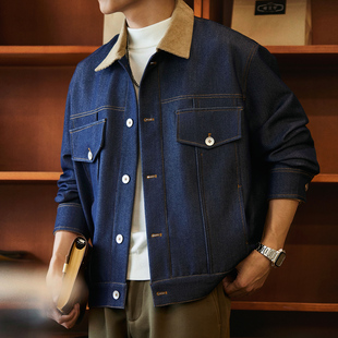外套 宽松蓝色休闲工装 美式 复古巴恩风撞色翻领牛仔夹克男春秋新款