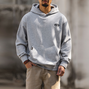 美式复古运动风连帽卫衣男春季灰色刺绣阿美咔叽大码宽松套头帽衫