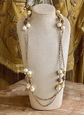 法国中古珍珠镀金项链长毛衣链