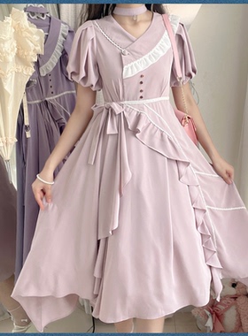 天羽川原创芋泥奶盖连衣裙女夏季短袖优雅大小姐小众设计气质裙子