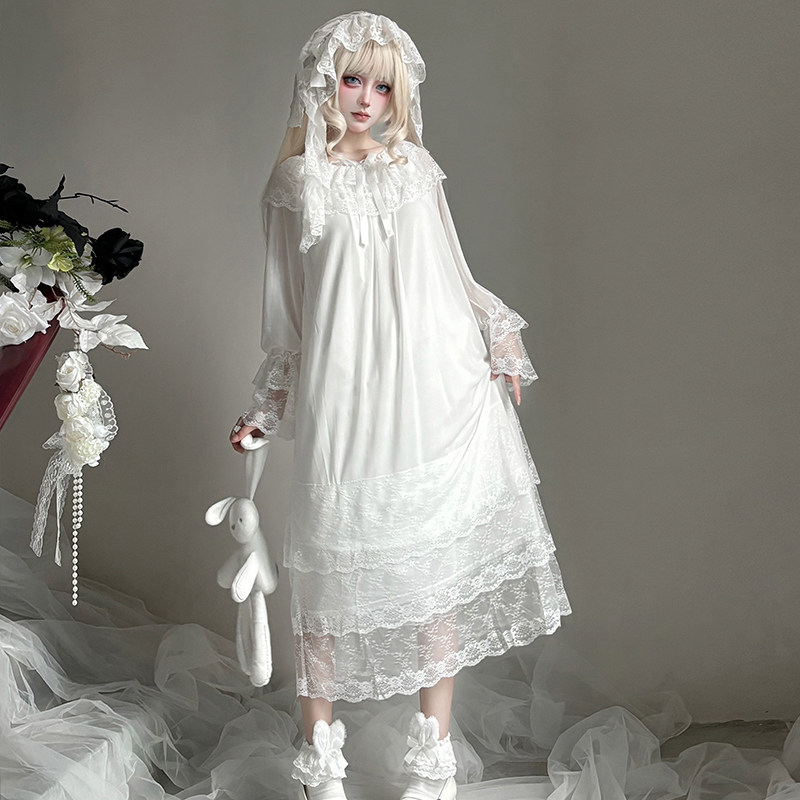 天羽川白色蕾丝花边长袖睡裙女可外穿四季优雅少女家居服宫廷风