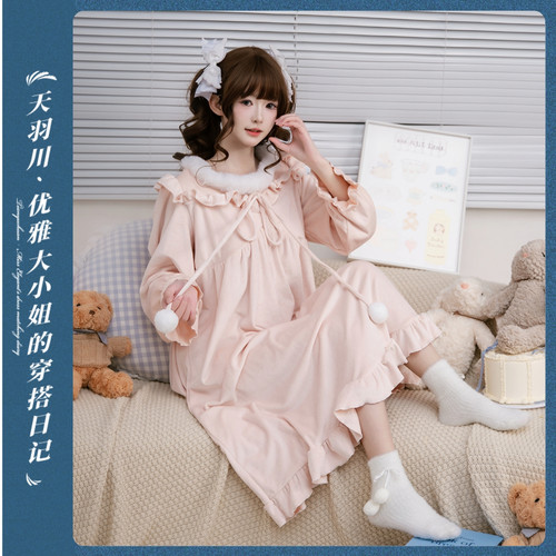 天羽川Lolita睡裙女秋冬超柔短毛绒睡衣可爱公主风可外穿连衣裙