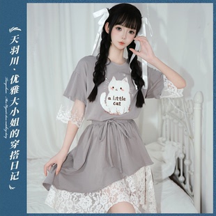天羽川原创点点的蛋糕女夏季短袖甜美可爱T恤半裙裙子设计感套装