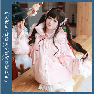 天羽川短款羽绒服90白鸭绒女连帽蕾丝花边厚重甜美重工保暖外套冬