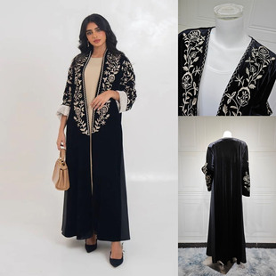 跨境阿拉伯中东迪拜时尚金丝绒绣花重工开衫拼接大衣外套长袍Robe