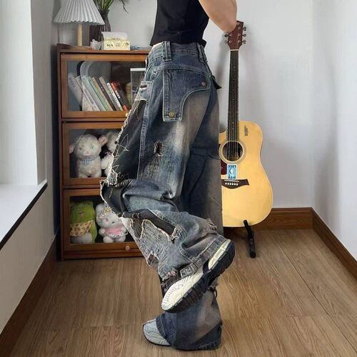 美式扎染破洞复古宽松高腰牛仔裤