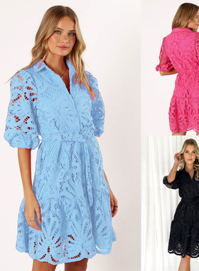 2026跨境衬衣款欧美性感镂空水溶蕾丝花中袖通勤纽扣连衣裙Dress