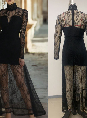 女纯色镂空复古立领长袖蕾丝大摆收腰显瘦高级感时尚连衣裙Dress