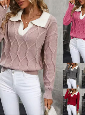跨境POLO领拼色V门襟绞花针织复古休闲甜酷女长袖套头毛衣sweater