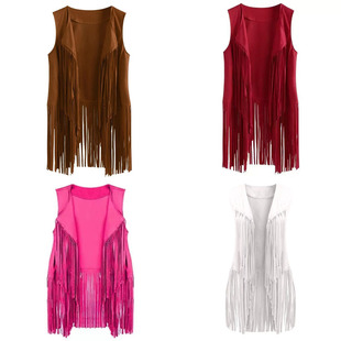 跨境欧美亚马逊外贸复古女士鹿皮无扣中长款流苏背心马甲外套Coat