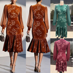 2026春丝绒连衣裙圆领网纱拼接灯笼长袖收腰A字鱼尾礼服裙Dress