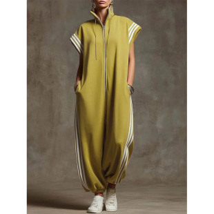 2026欧美跨境外贸春夏拉链立领条纹撞色时尚连体裤jumpsuit