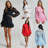 跨境欧美立领灯笼长袖 收腰礼服荷叶边镂空水溶蕾丝连衣短裙Dress