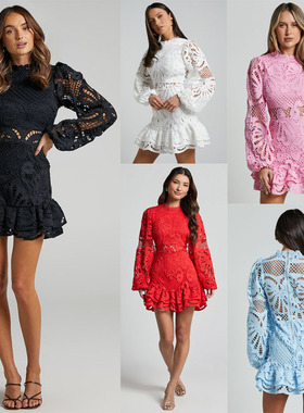 跨境欧美立领灯笼长袖收腰礼服荷叶边镂空水溶蕾丝连衣短裙Dress