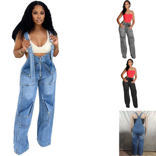 欧美女式牛仔背带裤亚马逊跨境夏季街头休闲拉链连体长裤jeans