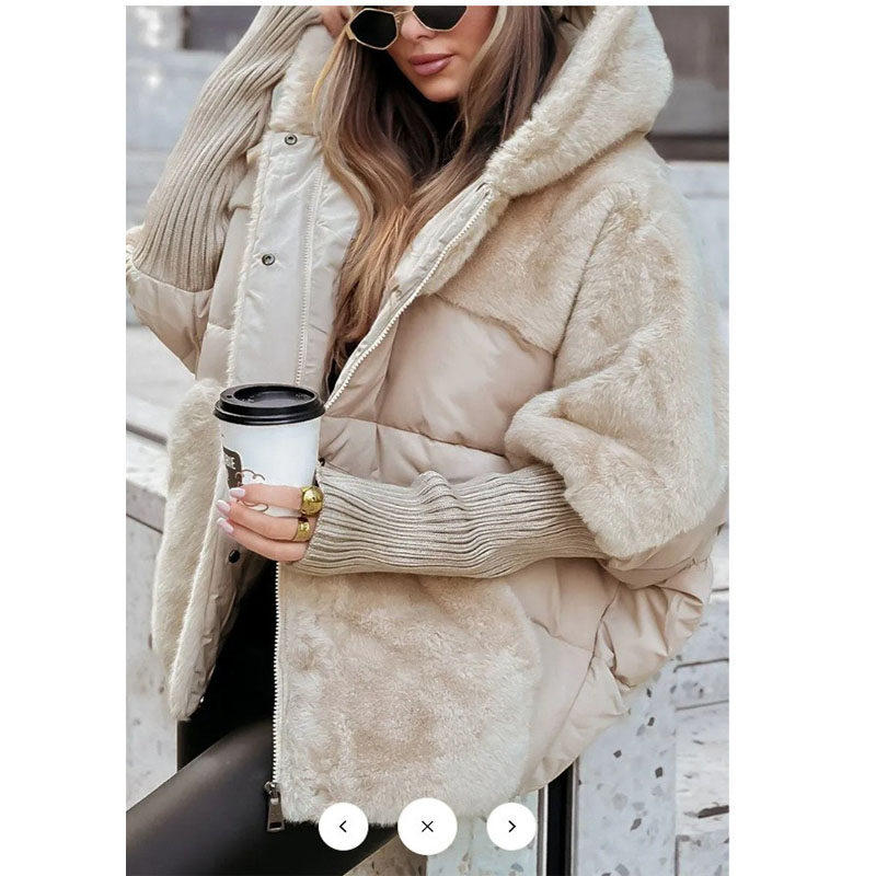 2025跨境欧美亚马逊秋冬女新款宽松连帽拼接袖羽绒棉服外套Coat