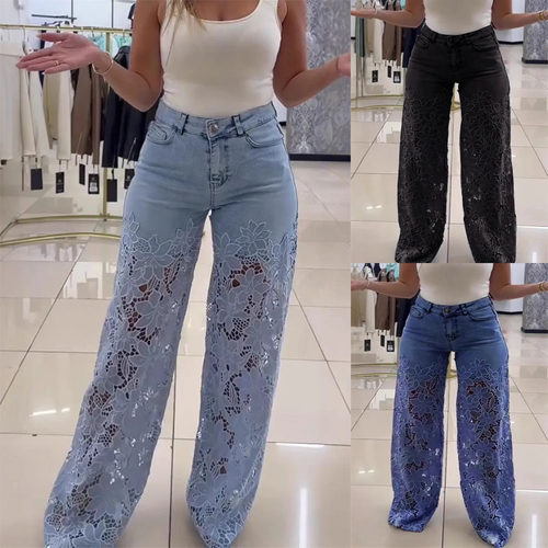 跨境镂空蕾丝拼接牛仔裤Jeans