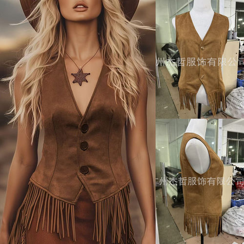 鹿皮绒跨境牛仔风女修身流苏马甲