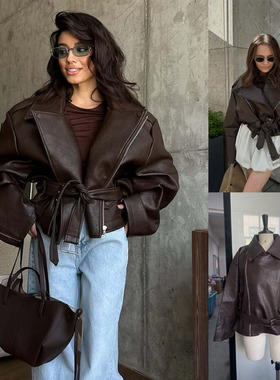 欧美跨境2026年秋冬pu皮衣个性翻领腰带夹克外套女款街头潮人Coat