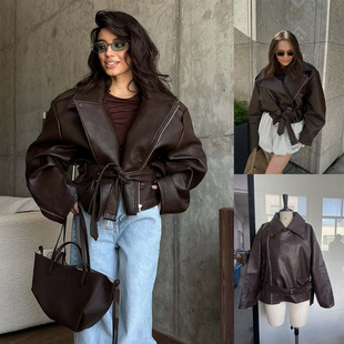 欧美跨境2026年秋冬pu皮衣个性翻领腰带夹克外套女款街头潮人Coat
